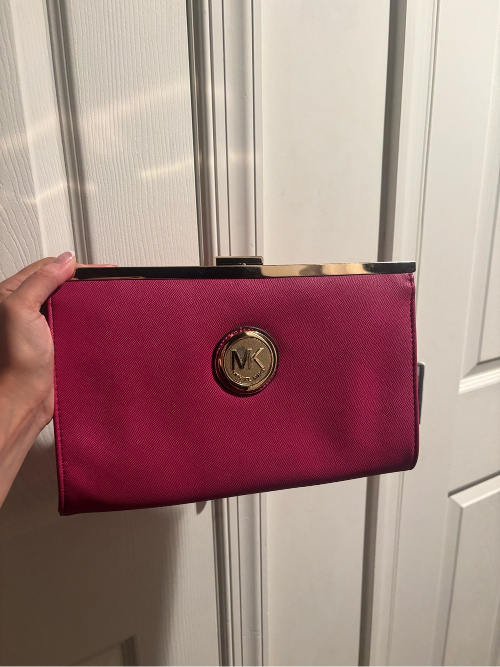 Michael Kors Fuchsia Saffiano Leather Clutch with Gold Accents